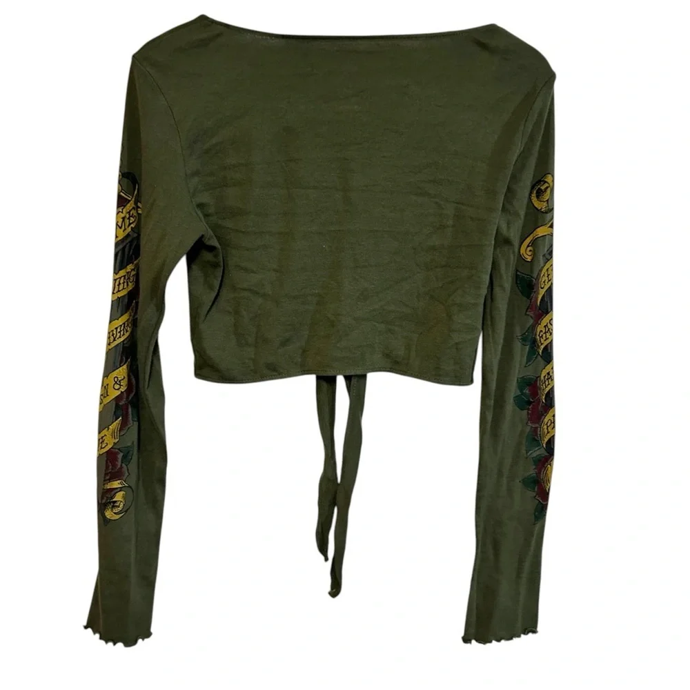 Y2K RARE lucky brand L/XL shrug cardigan arm tattoo dagger PRINT arm sleeve tie - Picture 2 of 14